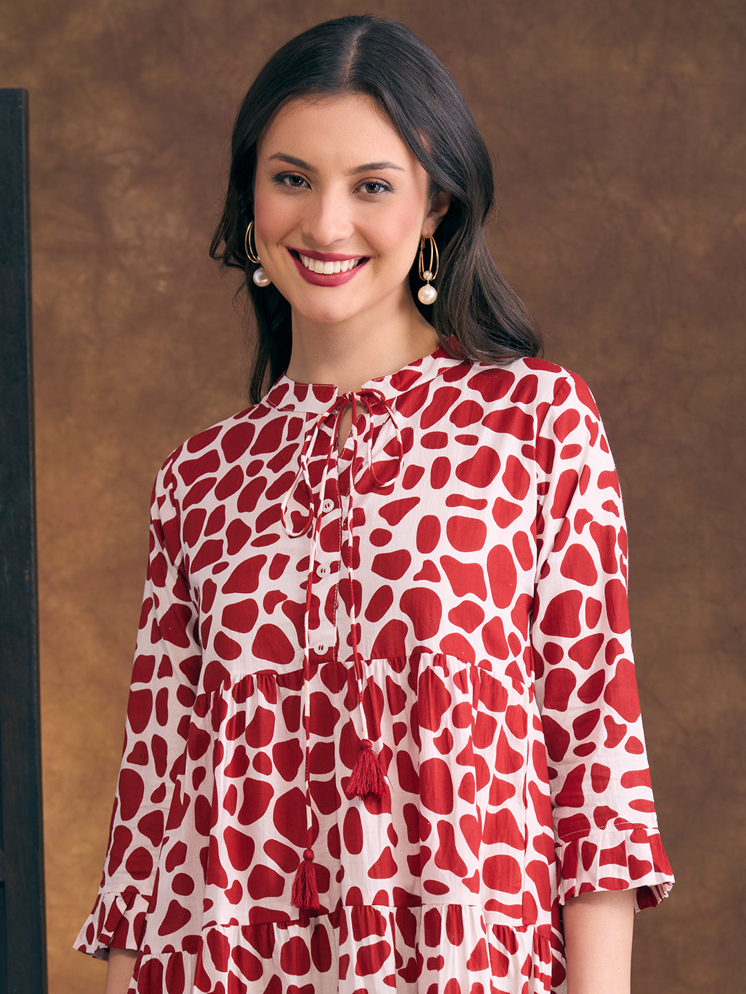 Abstract Printed A-Line Tiered Flared Midi Dress - Red