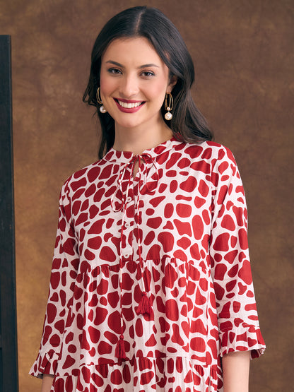 Abstract Printed A-Line Tiered Flared Midi Dress - Red