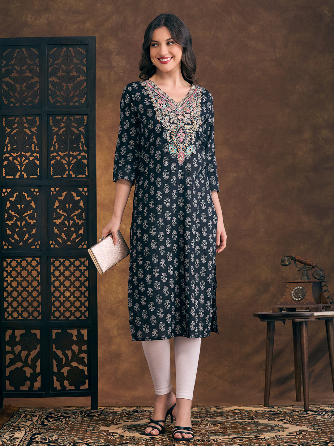 Ethnic & Floral Printed & Sequin Embroidered Straight Fit Kurta - Black