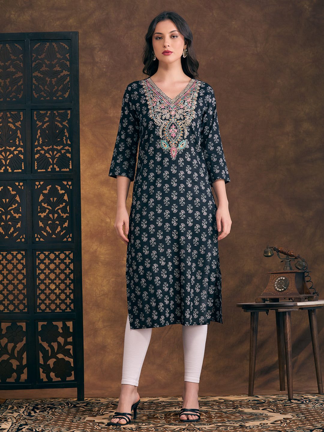 Ethnic & Floral Printed & Sequin Embroidered Straight Fit Kurta - Black