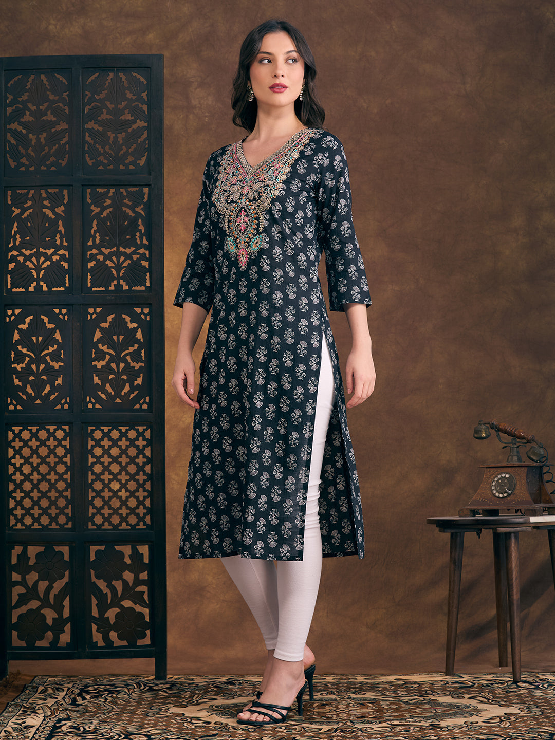 Ethnic & Floral Printed & Sequin Embroidered Straight Fit Kurta - Black