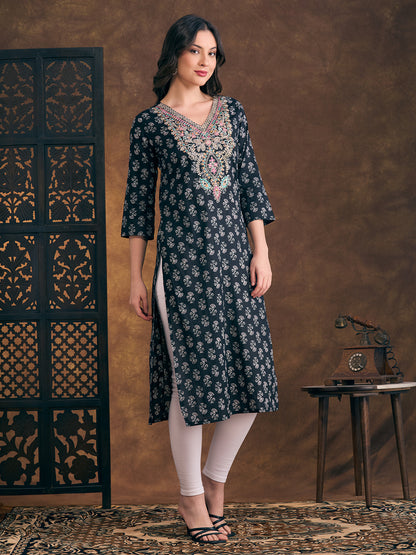 Ethnic & Floral Printed & Sequin Embroidered Straight Fit Kurta - Black