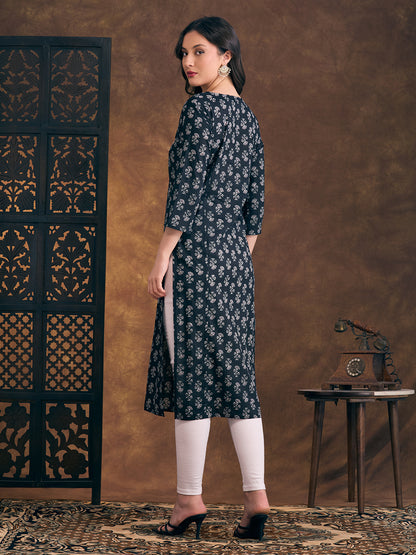 Ethnic & Floral Printed & Sequin Embroidered Straight Fit Kurta - Black