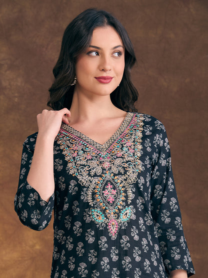 Ethnic & Floral Printed & Sequin Embroidered Straight Fit Kurta - Black