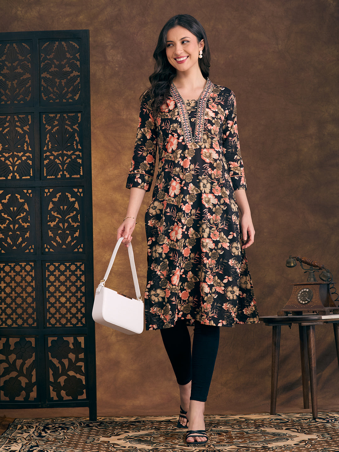 Floral Printed & Mirror Embroidered Straight Fit Kurta - Black