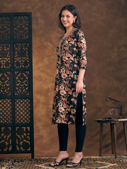 Floral Printed & Mirror Embroidered Straight Fit Kurta - Black