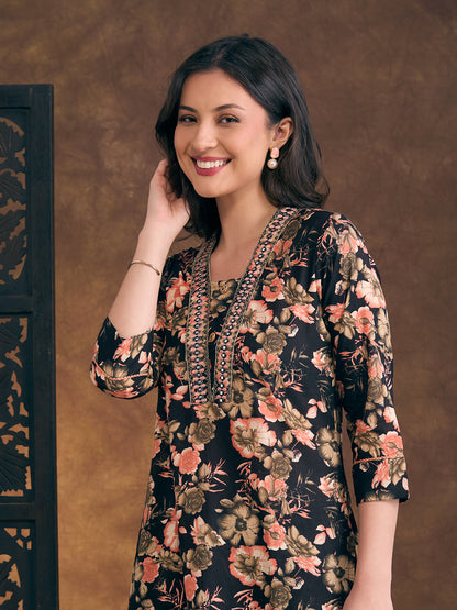 Floral Printed & Mirror Embroidered Straight Fit Kurta - Black