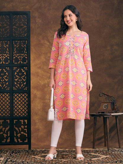 Floral Printed & Mirror Embroidered Straight Fit Kurta - Pink