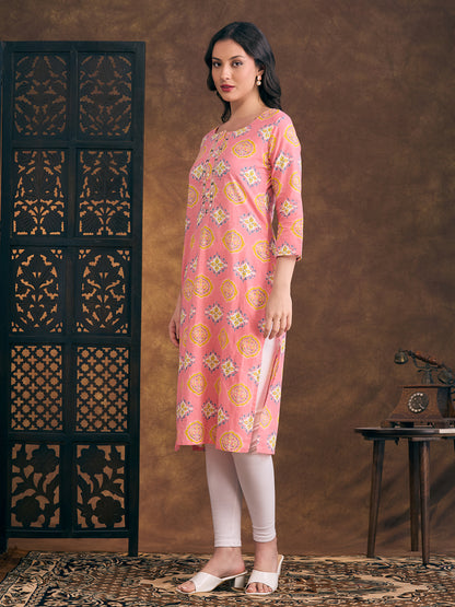 Floral Printed & Mirror Embroidered Straight Fit Kurta - Pink