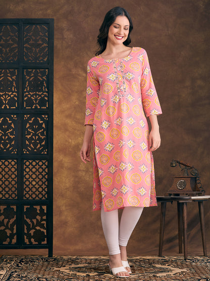 Floral Printed & Mirror Embroidered Straight Fit Kurta - Pink