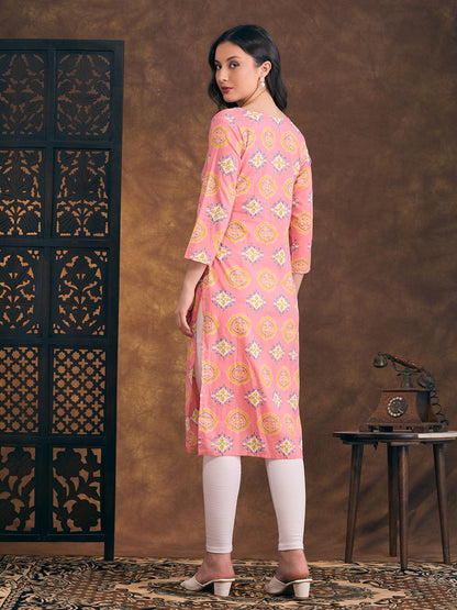 Floral Printed & Mirror Embroidered Straight Fit Kurta - Pink