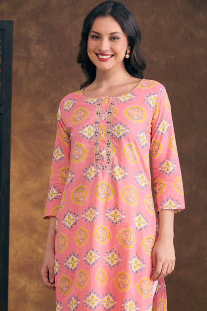 Floral Printed & Mirror Embroidered Straight Fit Kurta - Pink