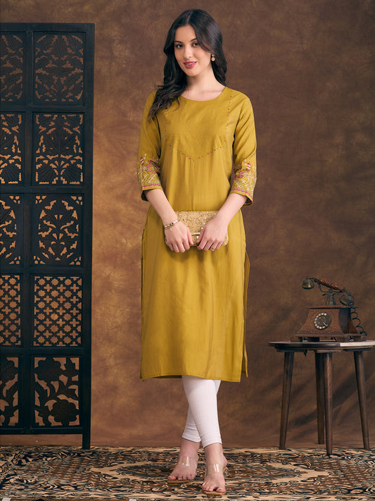 Solid Floral Embroidered Straight Fit Kurta - Mustard