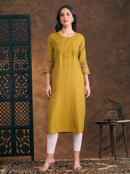 Solid Floral Embroidered Straight Fit Kurta - Mustard