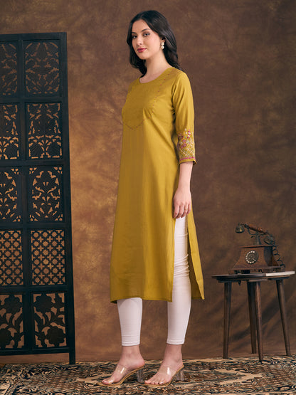 Solid Floral Embroidered Straight Fit Kurta - Mustard
