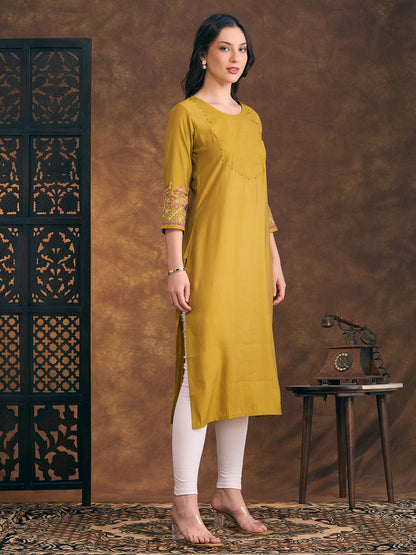 Solid Floral Embroidered Straight Fit Kurta - Mustard