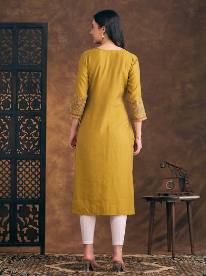 Solid Floral Embroidered Straight Fit Kurta - Mustard