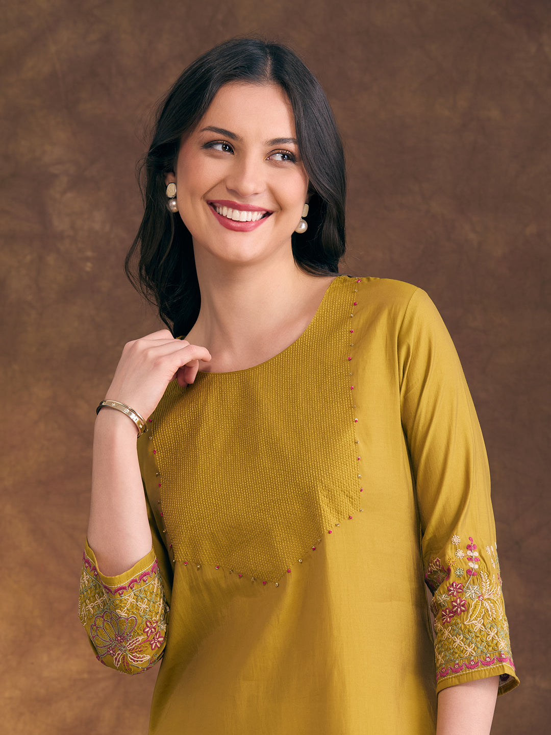 Solid Floral Embroidered Straight Fit Kurta - Mustard