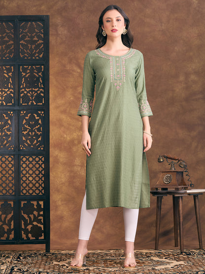 Solid Floral Embroidered Straight Fit Kurta - Green