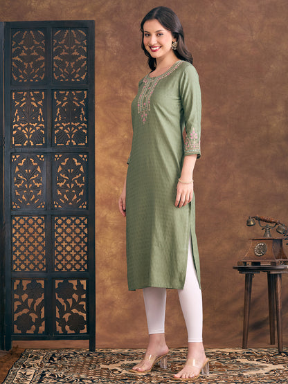 Solid Floral Embroidered Straight Fit Kurta - Green