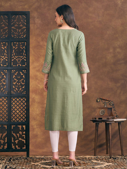 Solid Floral Embroidered Straight Fit Kurta - Green