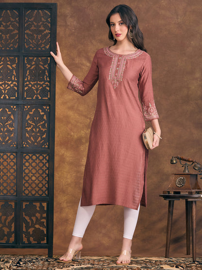 Solid Floral Embroidered Straight Fit Kurta - Rust