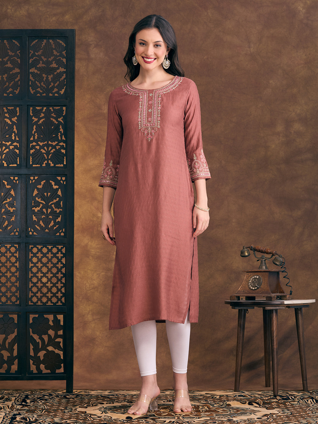 Solid Floral Embroidered Straight Fit Kurta - Rust