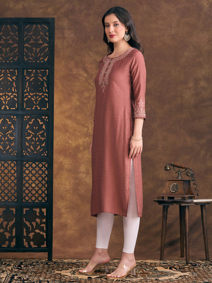Solid Floral Embroidered Straight Fit Kurta - Rust