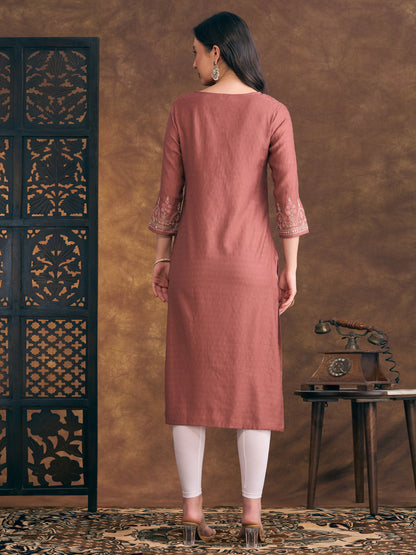 Solid Floral Embroidered Straight Fit Kurta - Rust