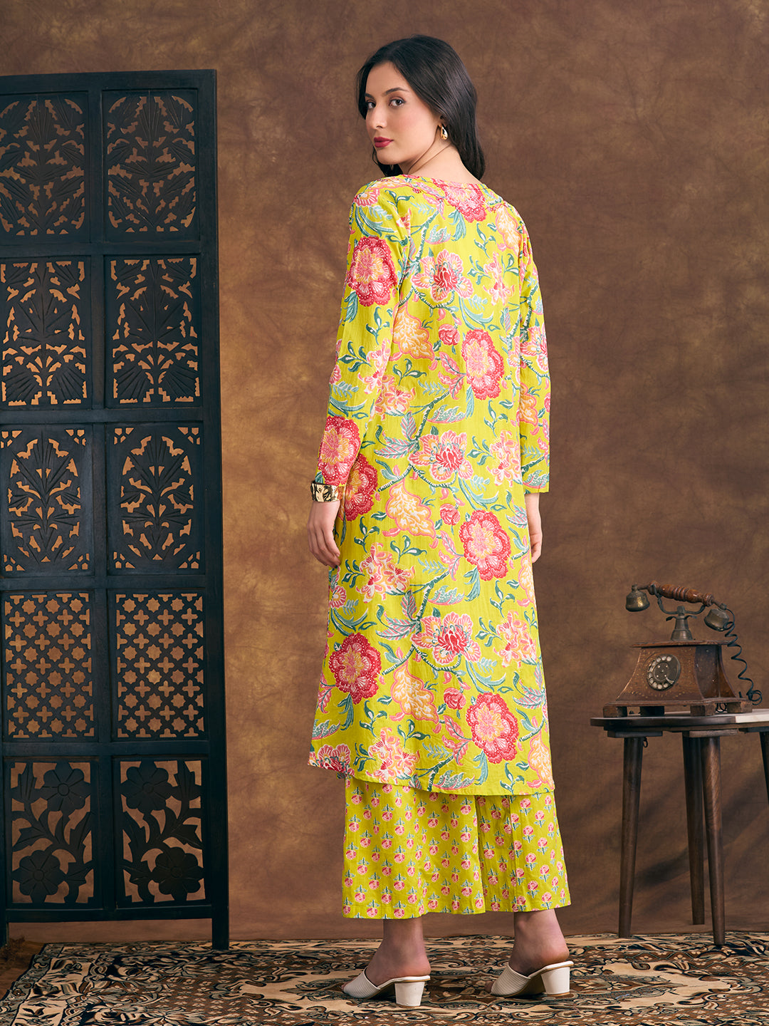 Ethnic Floral Printed Crop Top with Embroidered Printed Long Jacket and Flared Palazzo - Lime Green