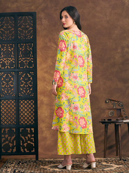 Ethnic Floral Printed Crop Top with Embroidered Printed Long Jacket and Flared Palazzo - Lime Green
