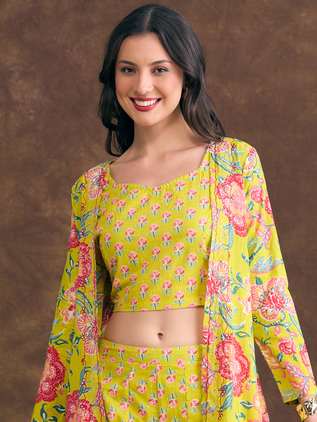 Ethnic Floral Printed Crop Top with Embroidered Printed Long Jacket and Flared Palazzo - Lime Green