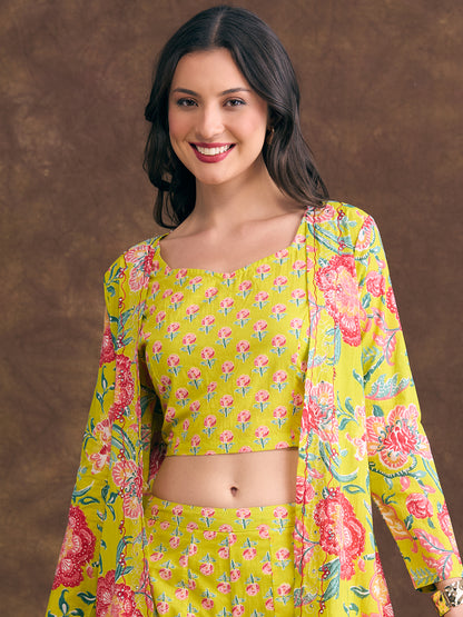 Ethnic Floral Printed Crop Top with Embroidered Printed Long Jacket and Flared Palazzo - Lime Green