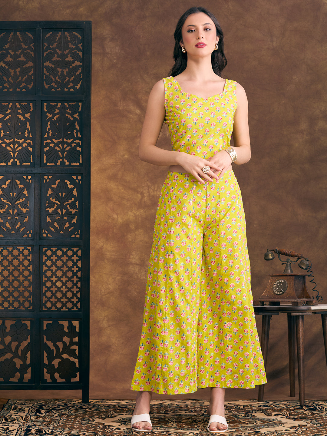 Ethnic Floral Printed Crop Top with Embroidered Printed Long Jacket and Flared Palazzo - Lime Green