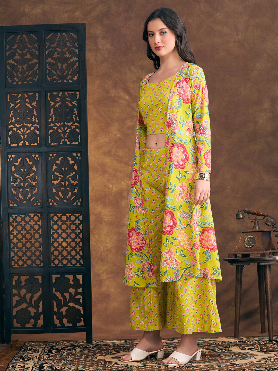 Ethnic Floral Printed Crop Top with Embroidered Printed Long Jacket and Flared Palazzo - Lime Green