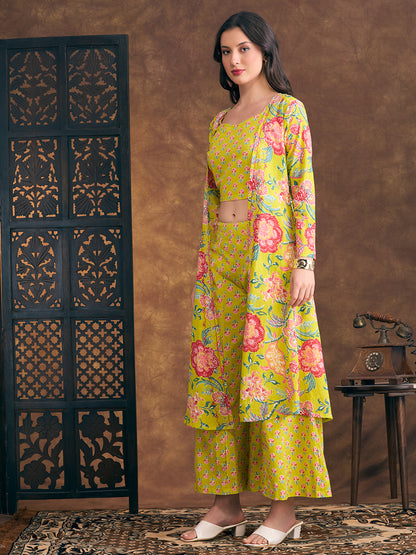 Ethnic Floral Printed Crop Top with Embroidered Printed Long Jacket and Flared Palazzo - Lime Green