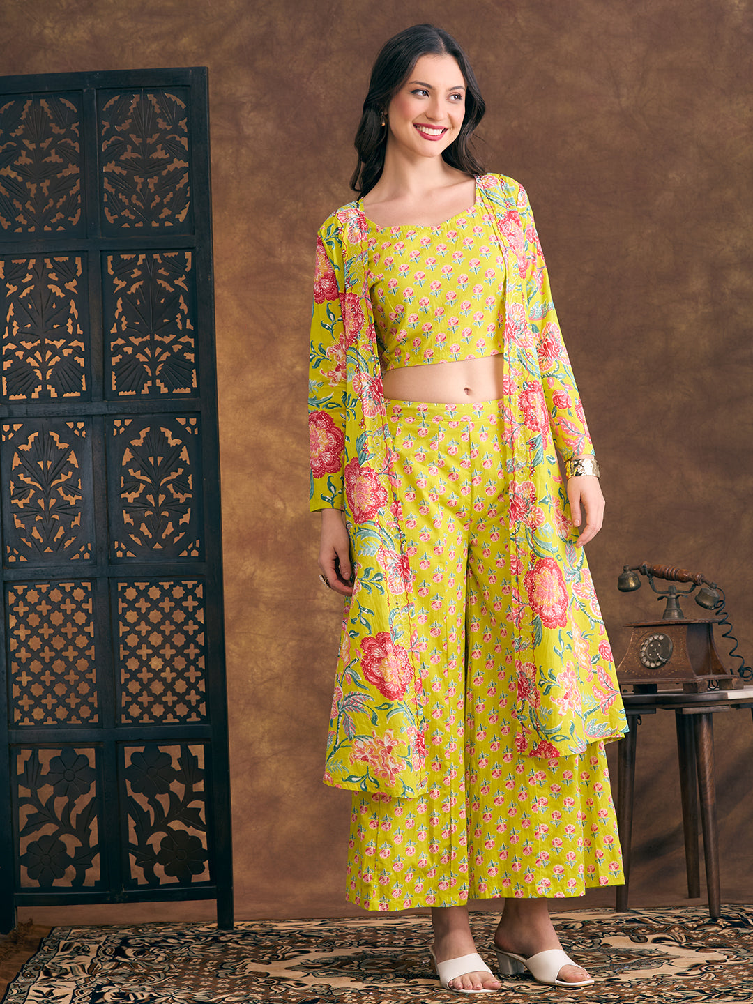 Ethnic Floral Printed Crop Top with Embroidered Printed Long Jacket and Flared Palazzo - Lime Green