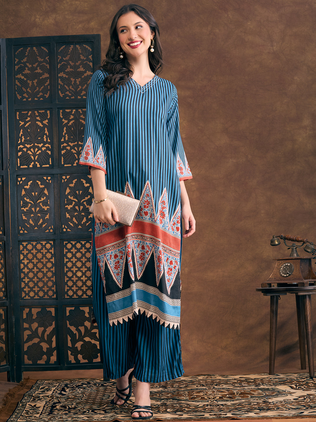 Ethnic Floral & Stripes Printed Straight Fit Kurta with Palazzo - Teal