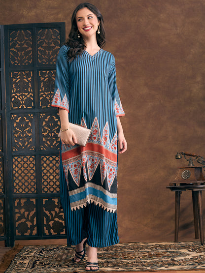 Ethnic Floral & Stripes Printed Straight Fit Kurta with Palazzo - Teal