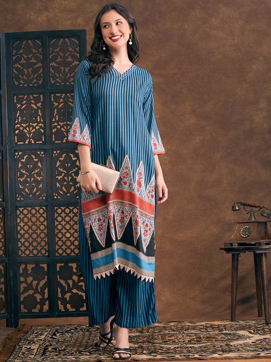 Ethnic Floral & Stripes Printed Straight Fit Kurta with Palazzo - Teal