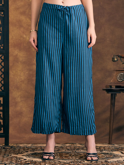 Ethnic Floral & Stripes Printed Straight Fit Kurta with Palazzo - Teal