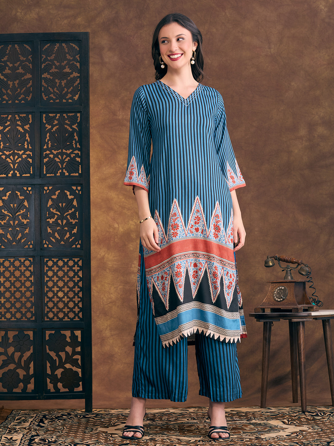 Ethnic Floral & Stripes Printed Straight Fit Kurta with Palazzo - Teal