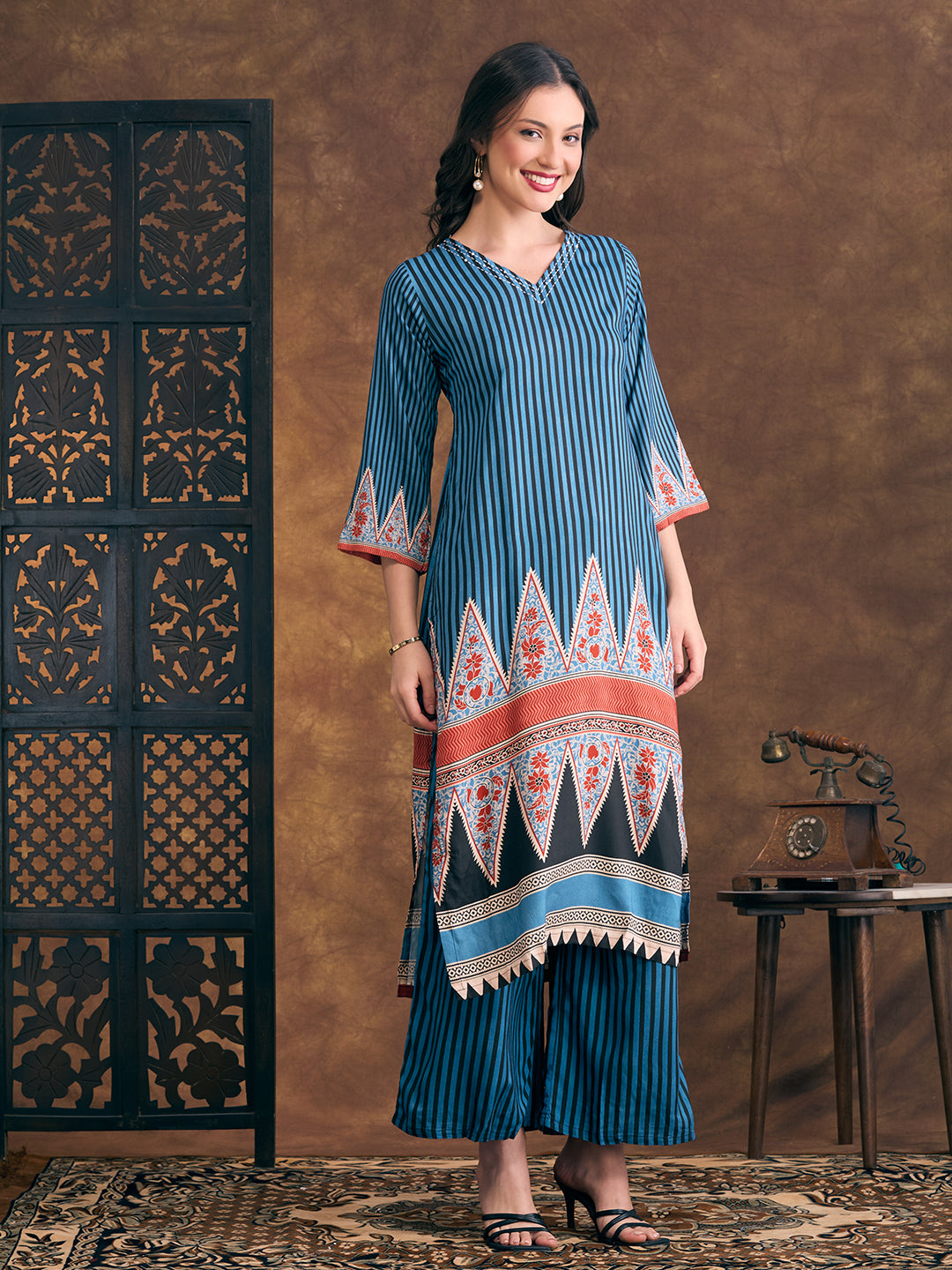 Ethnic Floral & Stripes Printed Straight Fit Kurta with Palazzo - Teal
