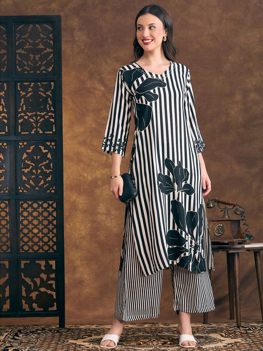 Ethnic Floral & Stripes Printed Straight Fit Kurta with Palazzo - Black