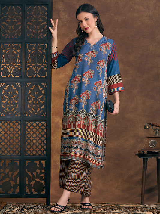 Ethnic Floral Printed Embroidered Straight Fit Kurta with Palazzo - Teal