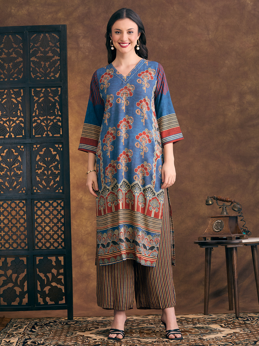 Ethnic Floral Printed Embroidered Straight Fit Kurta with Palazzo - Teal