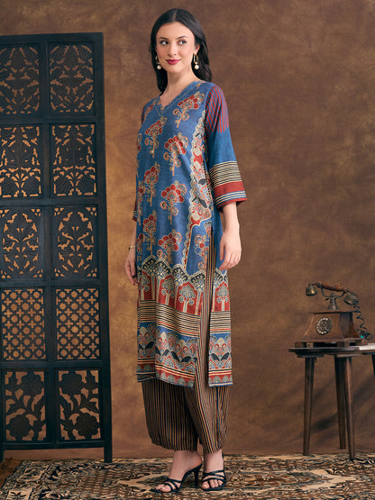 Ethnic Floral Printed Embroidered Straight Fit Kurta with Palazzo - Teal