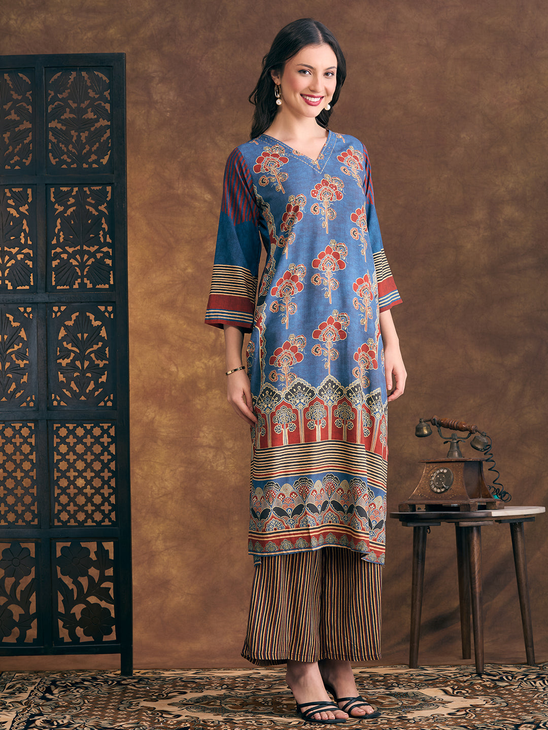 Ethnic Floral Printed Embroidered Straight Fit Kurta with Palazzo - Teal
