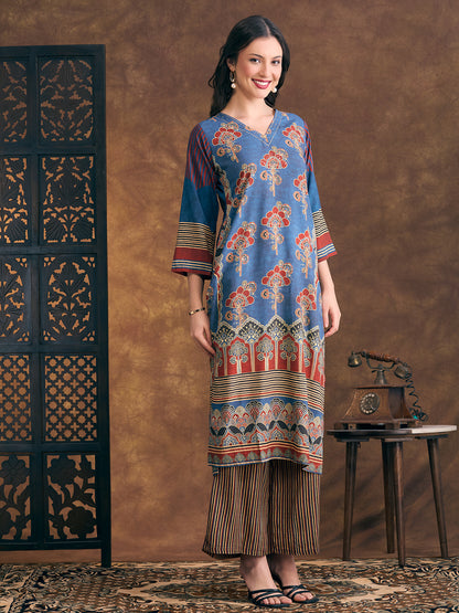 Ethnic Floral Printed Embroidered Straight Fit Kurta with Palazzo - Teal