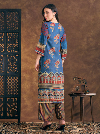 Ethnic Floral Printed Embroidered Straight Fit Kurta with Palazzo - Teal